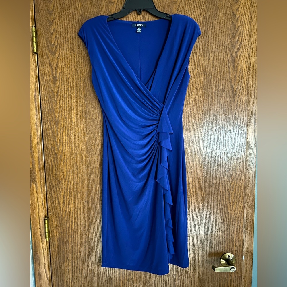 Chaps Blue Ruched Dress, Medium
